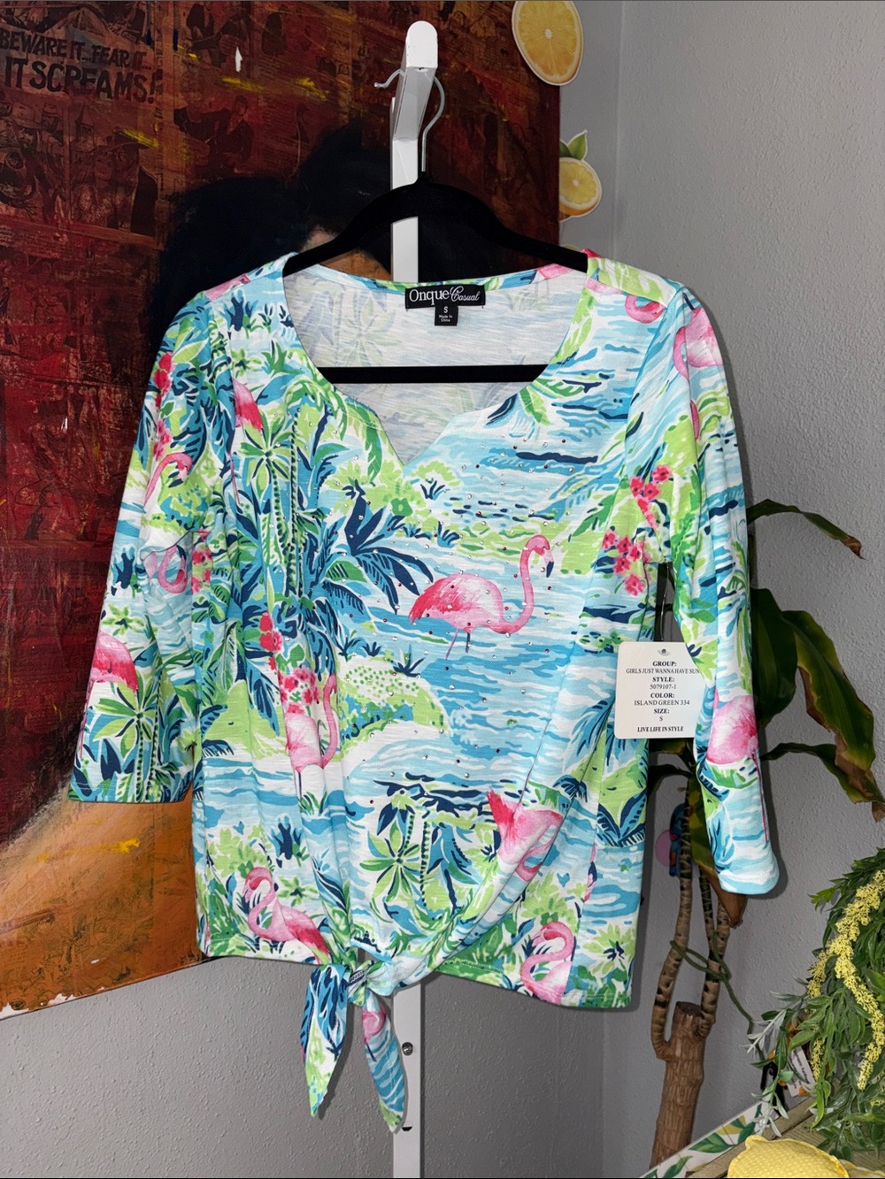 Onque Casuals Tropical Blue & Pink Flamingo Tie-Front Swim Coverup Size S